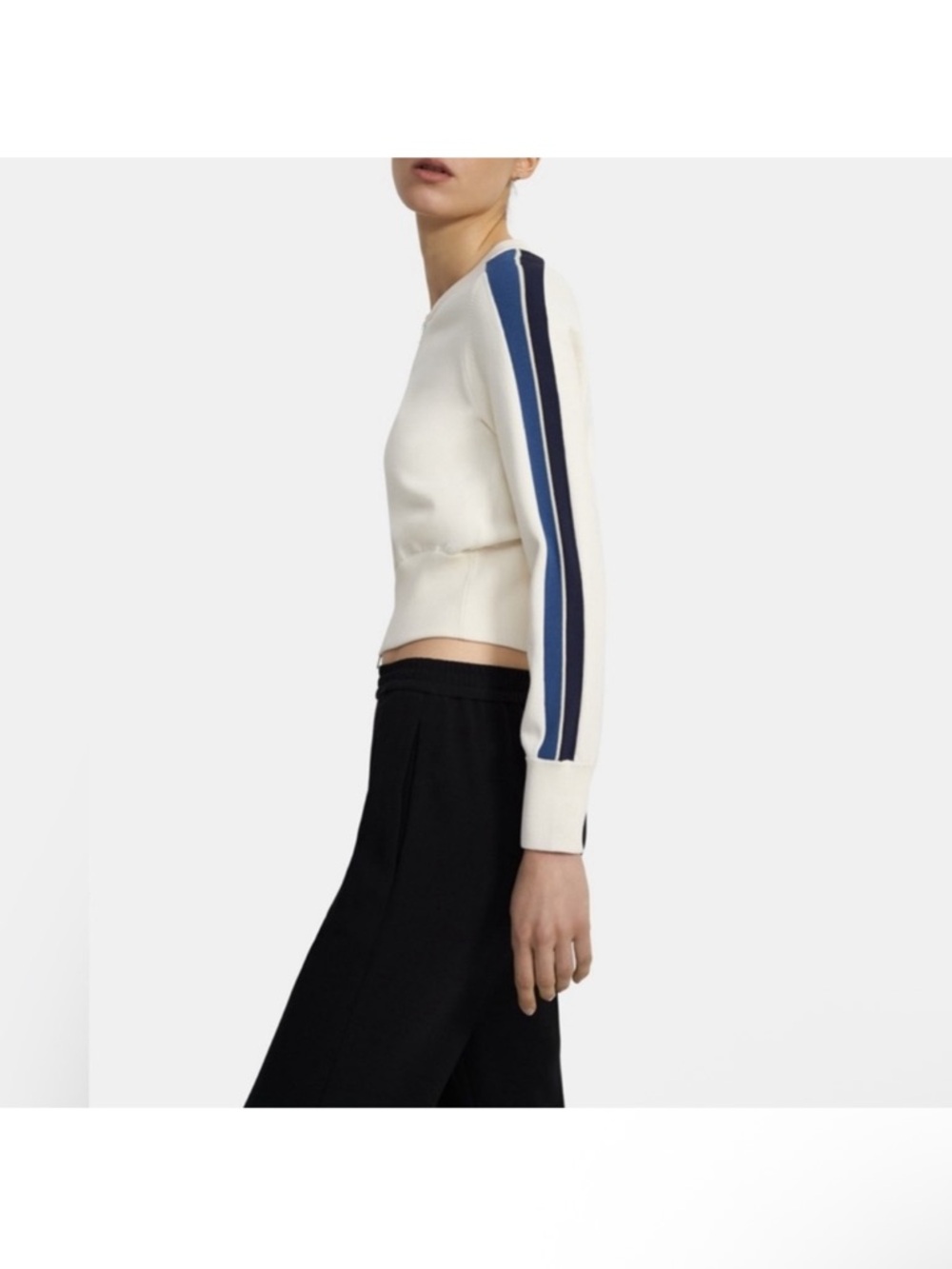 Theory Cropped Cream bomber jacket with Navy and Blue Sleeve Stripes size M